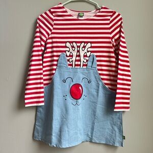 Dollie & Me Red Stripe/Blue Denim Reindeer Pattern Holiday Dress Girls size 12